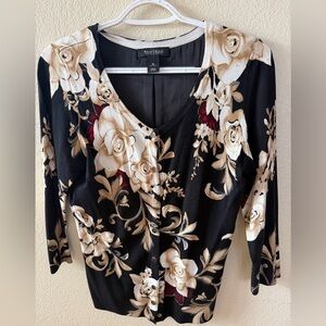 White House Black Market Black Floral V-Neck Cardigan with Cream Roses